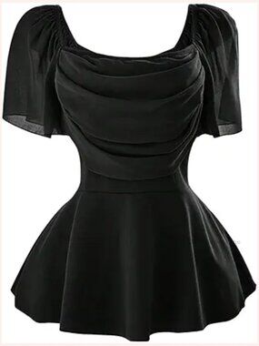 Plus Size Ruched Peplum Blouse Square Neck Short Sleeve Blouses Top